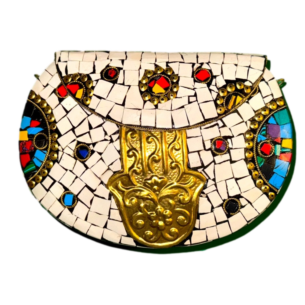 RAMLA Moroccan Handmade Mosaic Clutch with embossed Hamsa Hand chain crossbody